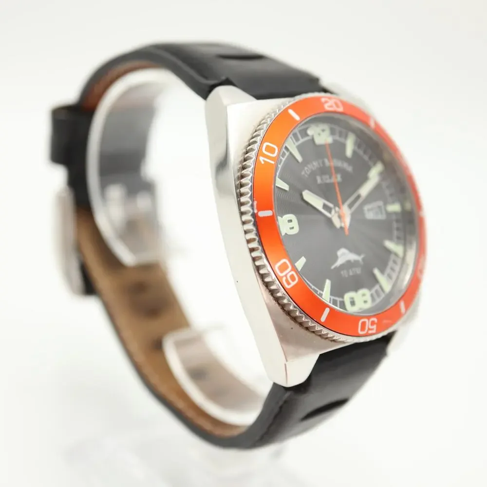 Tommy Bahama Relax Diver 41mm Watch Date Black Leather Silver Orange New Battery
